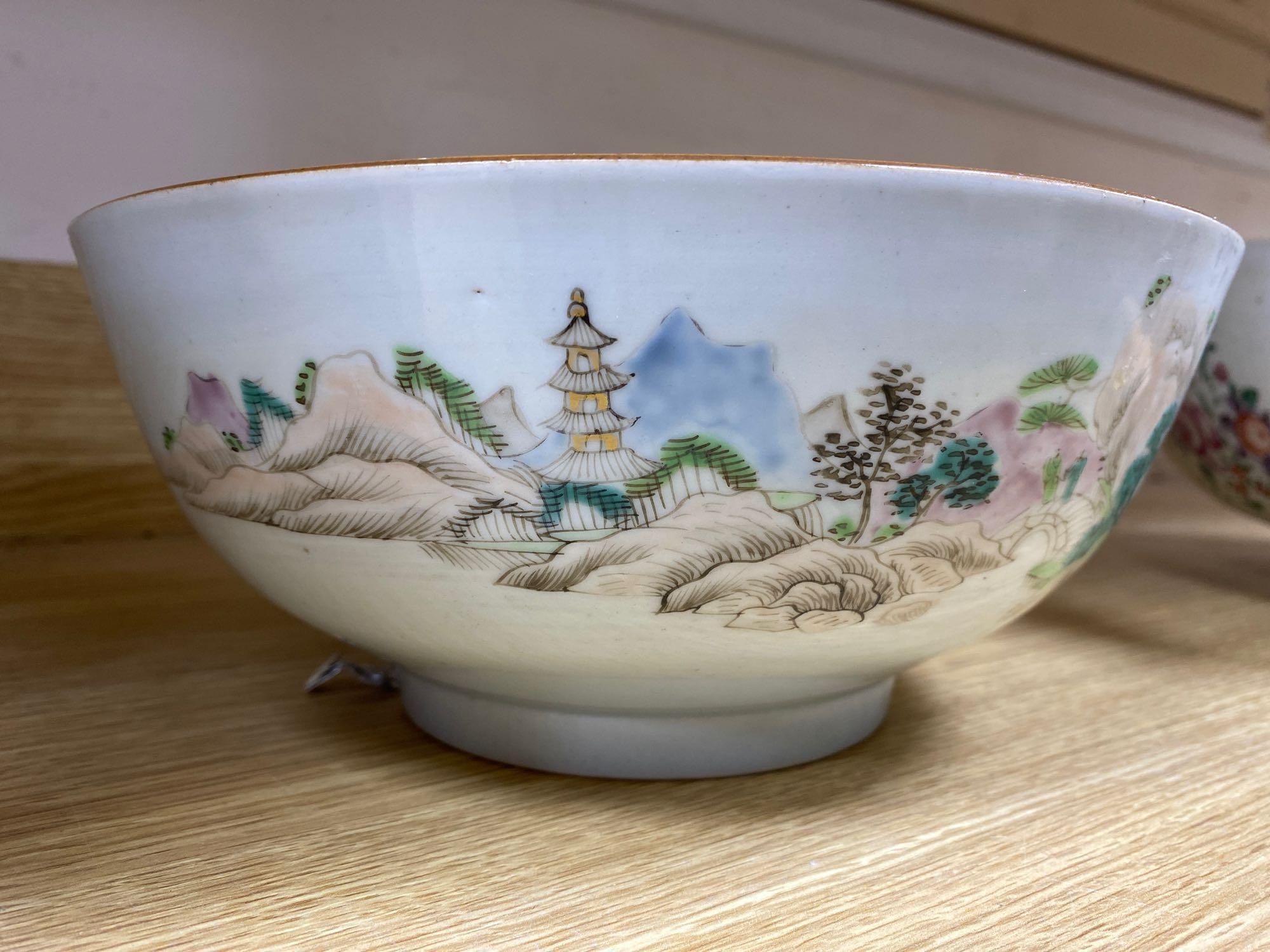 Five various 18th century Chinese export porcelain bowls, diameter of largest 29cm
